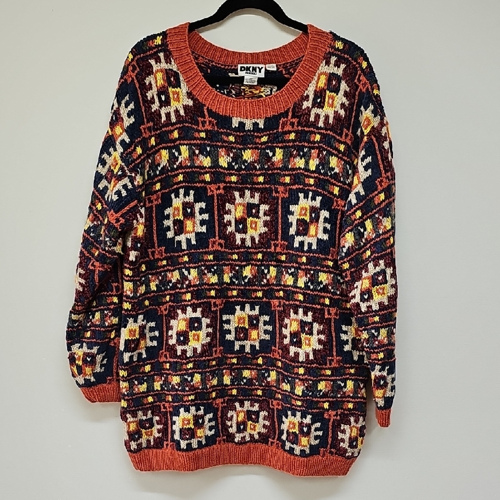 Vtg Y2K DKNY Multicolor Patterned Tunic Sweater, Chenille & Wool Blend, Sz M